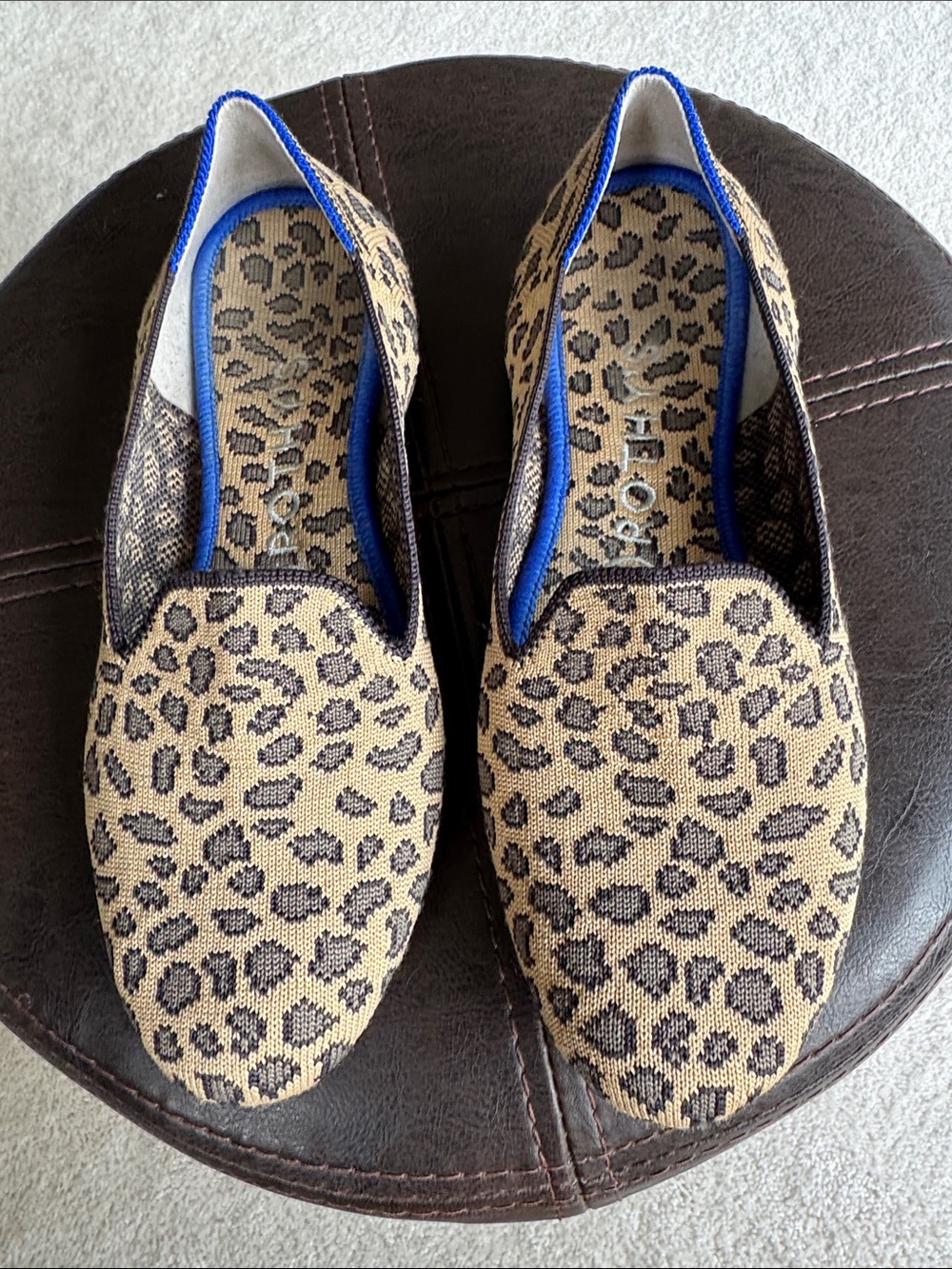 Rothy's Leopard Print Slip-On Flats - Tan & Black with Blue Trim